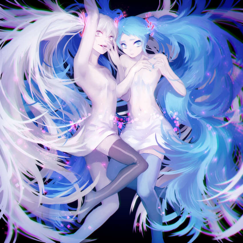 2girls, absurdres, arm_up, bangs, bare_arms, bare_shoulders, big_hair, black_background