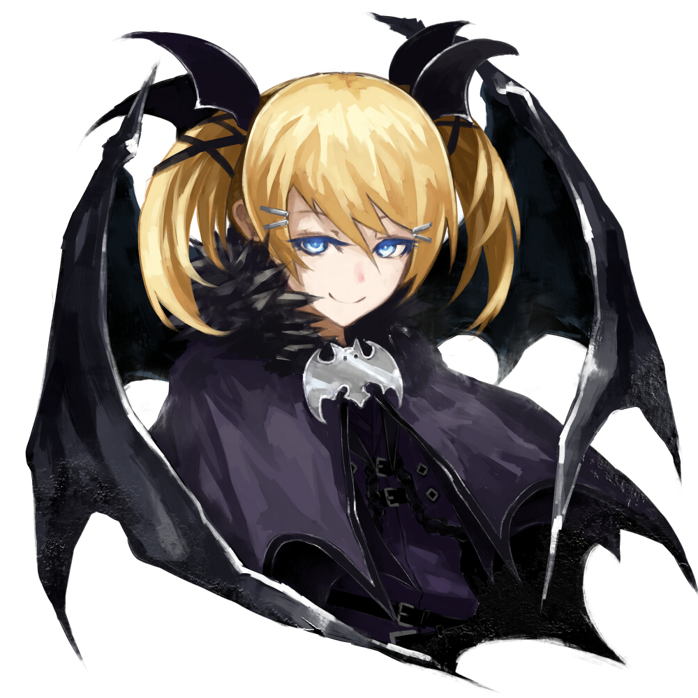 1girl, bat_wings, blonde_hair, blue_eyes, capelet, casper_(deathsmiles), deathsmiles, head_wings