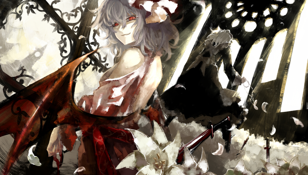 2girls, bat_wings, dress, flower, from_behind, izayoi_sakuya, knife, konosaki_usetsu, lavender_hair, looking_at_viewer, multiple_girls, pink_dress, red_eyes, remilia_scarlet, smile, touhou, white_hair, wings