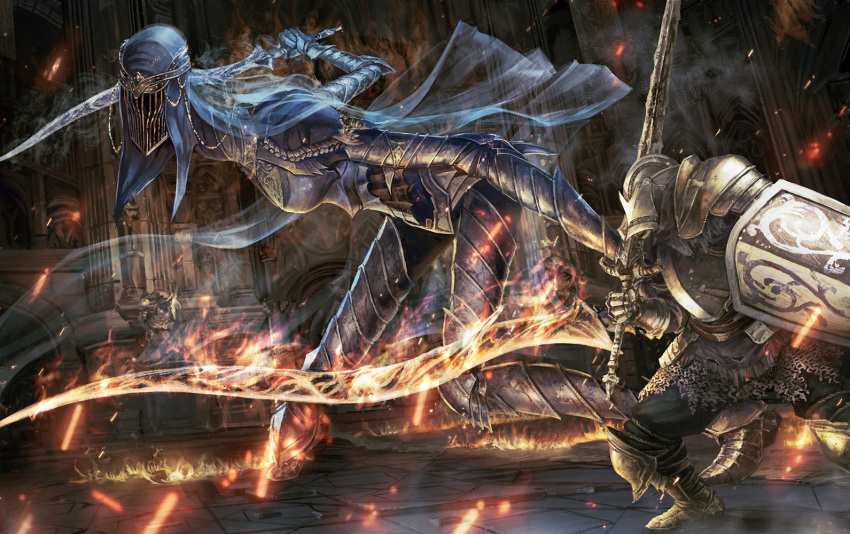 1boy, 1girl, action, arch, arm_at_side, armor, armored_boots, ashen_one_(dark_souls_3)