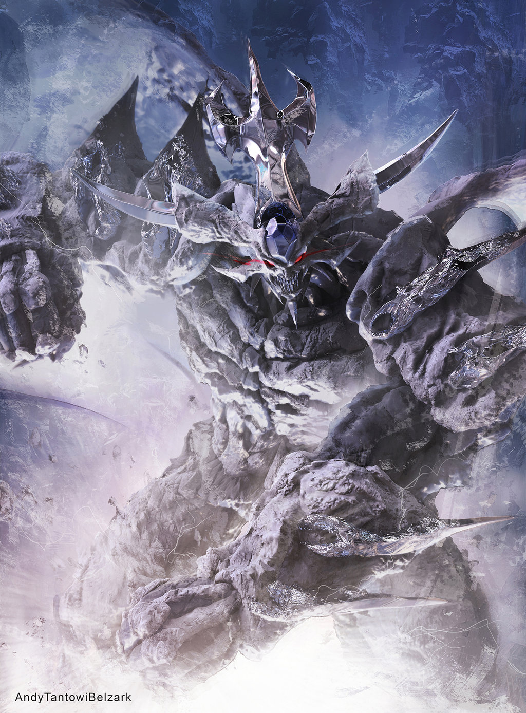 andybelzark, artist_name, clenched_hands, duel_monster, giant, glowing, glowing_eyes, highres, incoming_punch, looking_at_viewer, no_humans, obelisk_the_tormentor, red_eyes, spikes, yu-gi-oh!