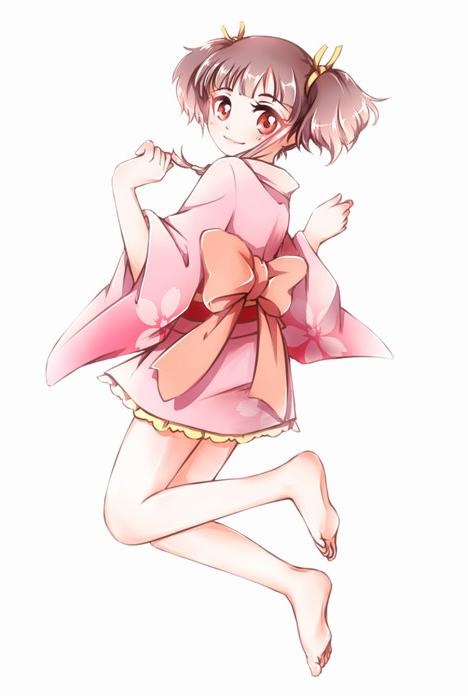 1girl, barefoot, brown_hair, from_behind, full_body, hair_ribbon, japanese_clothes, kimono