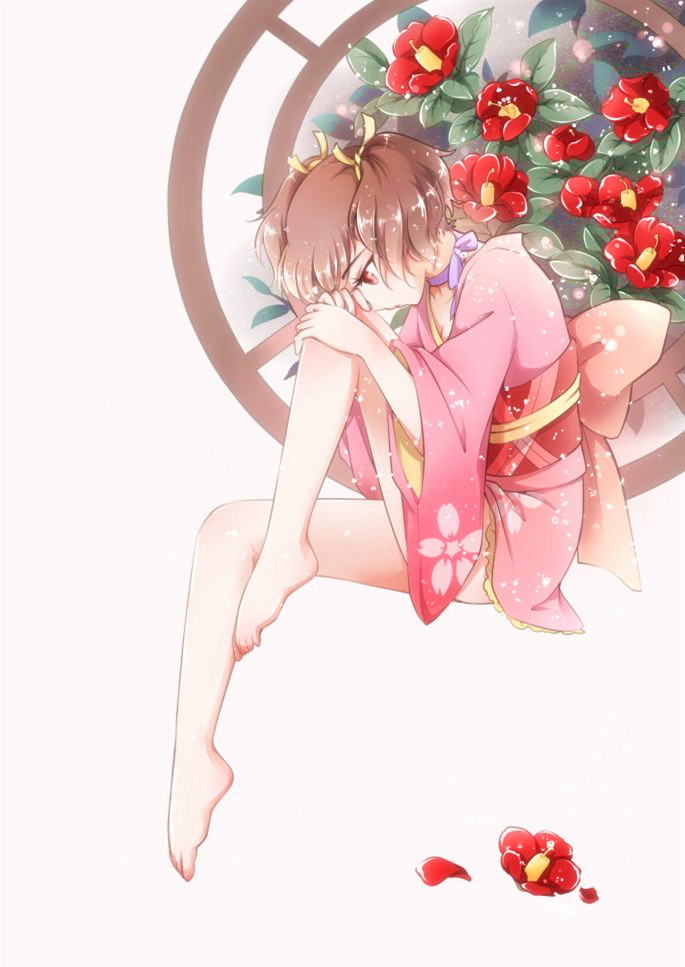 1girl, barefoot, brown_hair, choker, flower, from_side, full_body, hair_ribbon