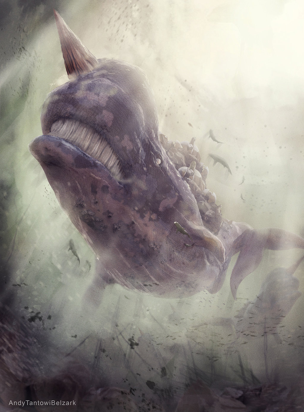 andybelzark, artist_name, duel_monster, fish, fortress_whale, highres, horn, no_humans