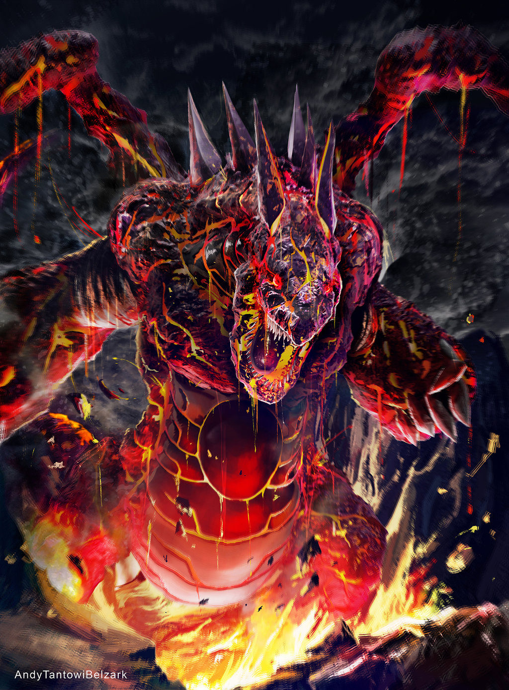 andybelzark, claws, dragon, dragon_wings, duel_monster, fire, highres, looking_at_viewer, meteor_b._dragon, meteor_black_dragon, molten_rock, no_humans, open_mouth, red_eyes, sharp_teeth, spikes, teeth, wings, yu-gi-oh!