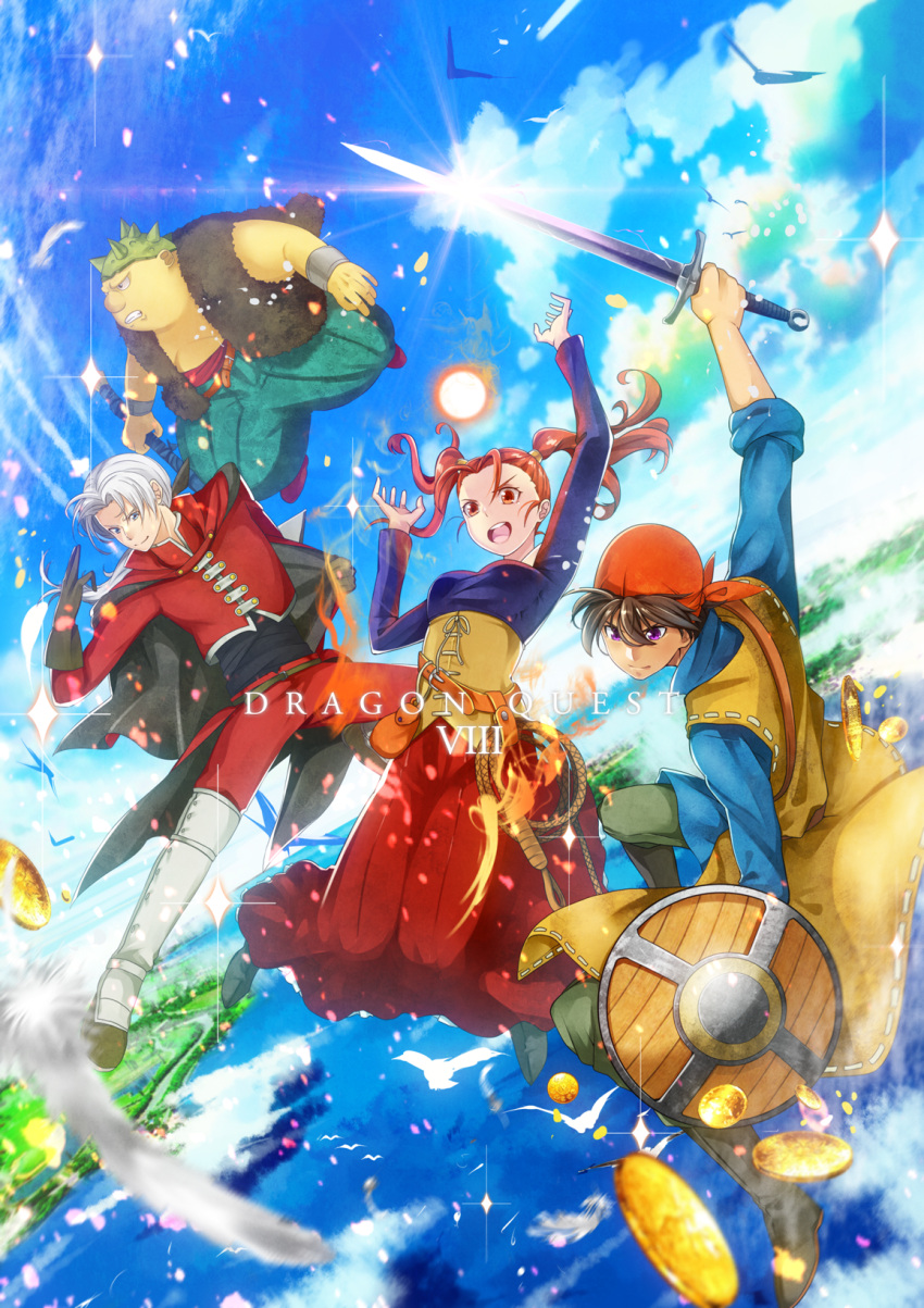 1girl, 3boys, angelo, brown_hair, cape, dragon_quest, dragon_quest_viii, dress, everyone, fire, gold, green_eyes, hero_(dq8), jessica_albert, long_hair, lowres, magic, multiple_boys, one_eye_closed, red_eyes, redhead, shield, square_enix, sword, twintails, water, weapon, yangus