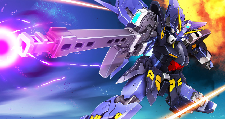 beam_rifle, commentary_request, energy_gun, explosion, highres, huckebein_mk_ii, mecha, no_humans