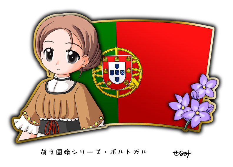 1girl, brown_hair, flag, flower, lavender_(flower), murakami_senami, portugal, portuguese_flag