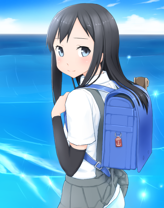 1girl, asashio_(kantai_collection), backpack, bag, child, clouds, female, kantai_collection