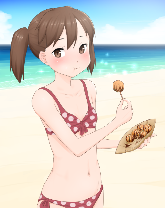 1girl, :t, bikini, blush, brown_eyes, brown_hair, child, eating