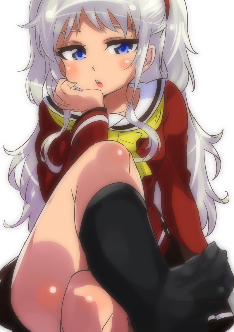 1girl, black_socks, blue_eyes, charlotte_(anime), feet, female, legs_crossed, long_hair