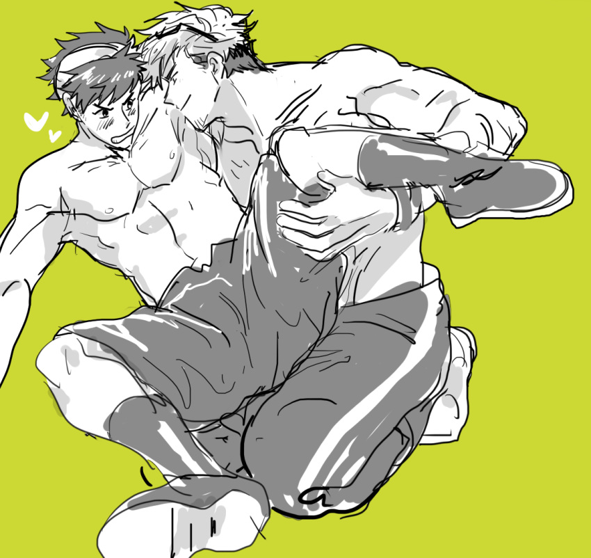 10s, 2boys, abs, blush, fingerless_gloves, glasses_enthusiast, gloves, hat