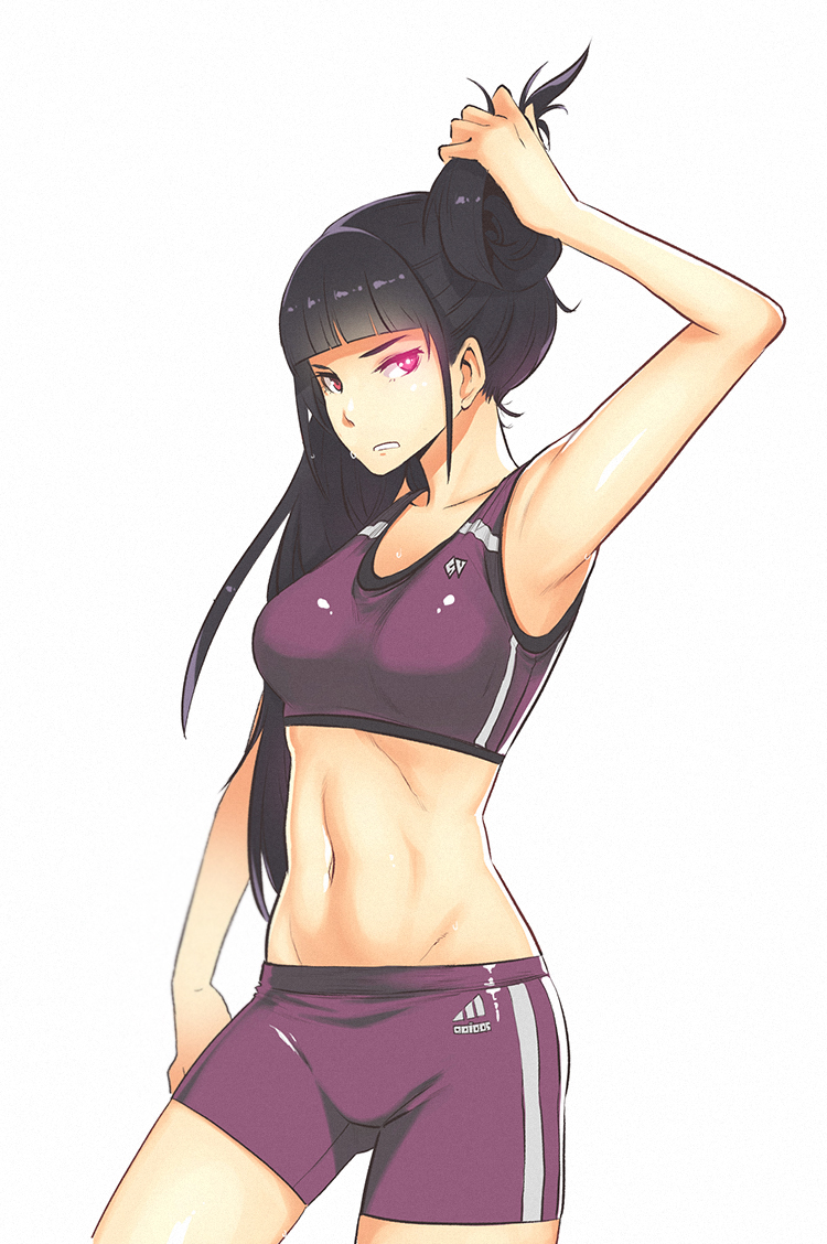 1girl, adidas, alternate_hairstyle, bike_shorts, black_hair, breasts, capcom, cowboy_shot