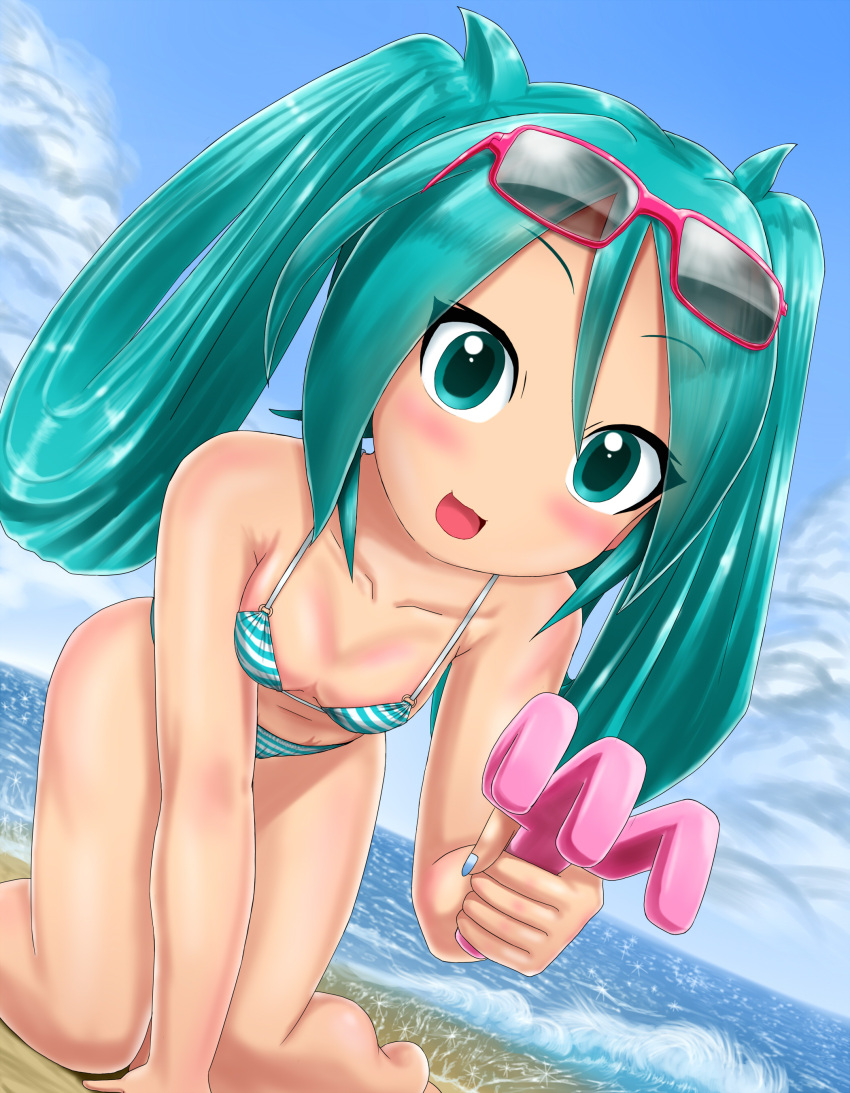 1girl, aqua_eyes, aqua_hair, beach, bikini, blush, breasts, collarbone