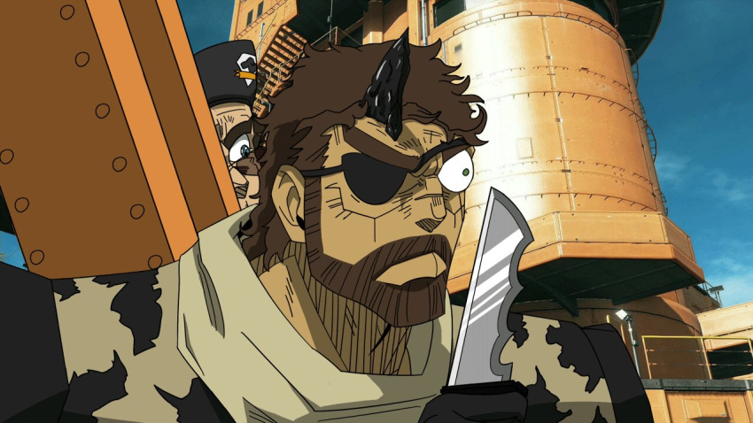 beard, blue_eyes, brown_hair, eyepatch, jojo_no_kimyou_na_bouken, knife, metal_gear_solid, scar