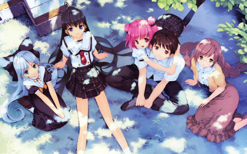 black_hair, blue_eyes, blue_hair, bow, braid, brown_eyes, glasses, hair_bow