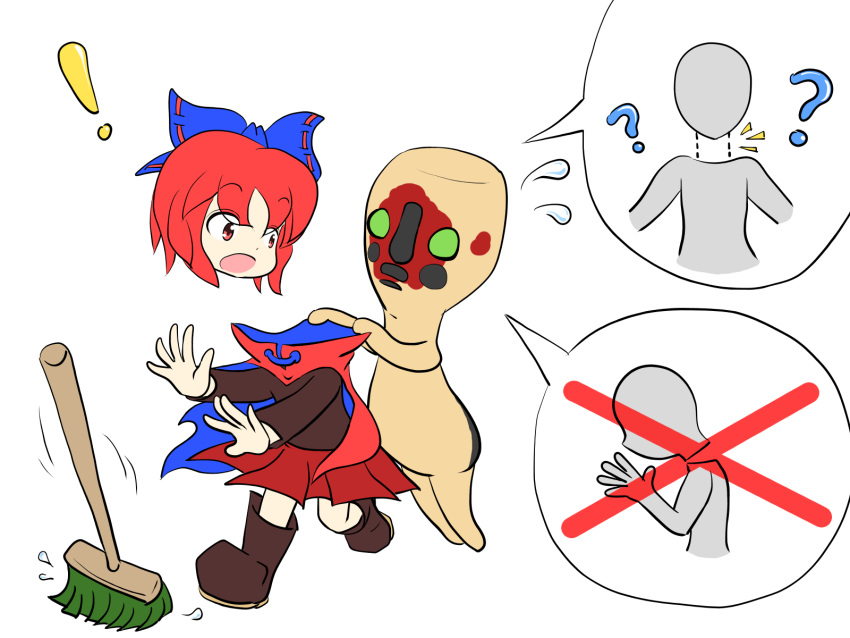 !, ?, bow, bowtie, broom, cape, crossover, disembodied_head