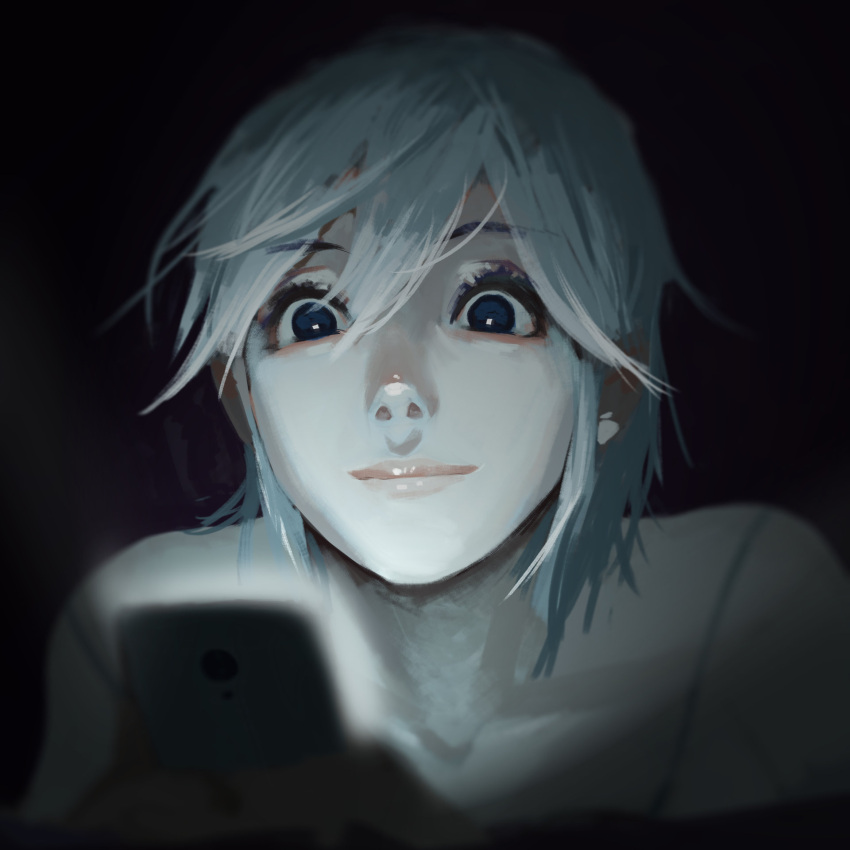 1girl, blue_eyes, blue_hair, cellphone, dark, face, hair_between_eyes, highres
