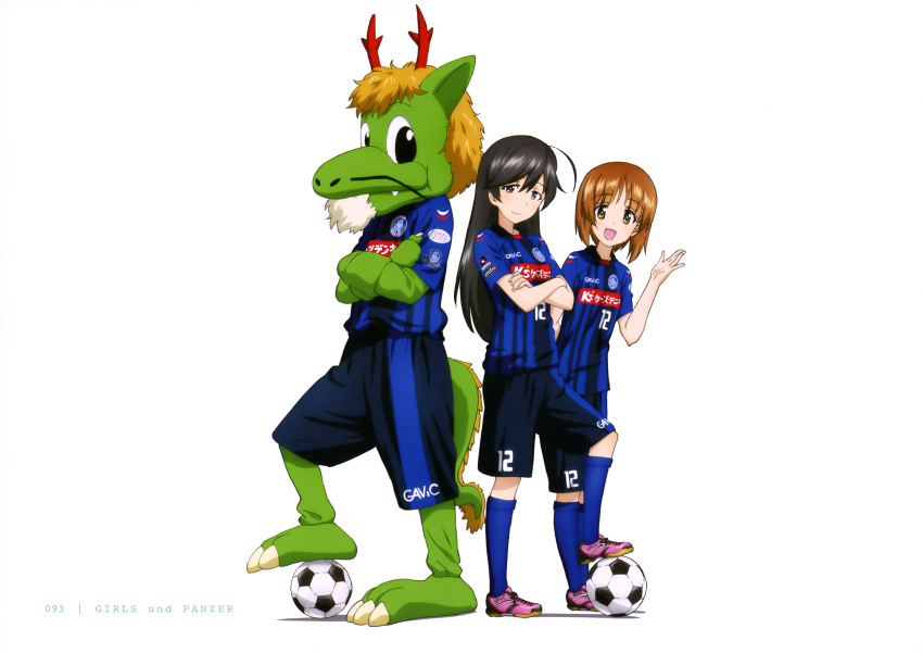 2girls, absurdres, black_eyes, black_hair, blue_legwear, brown_eyes, brown_hair, costume