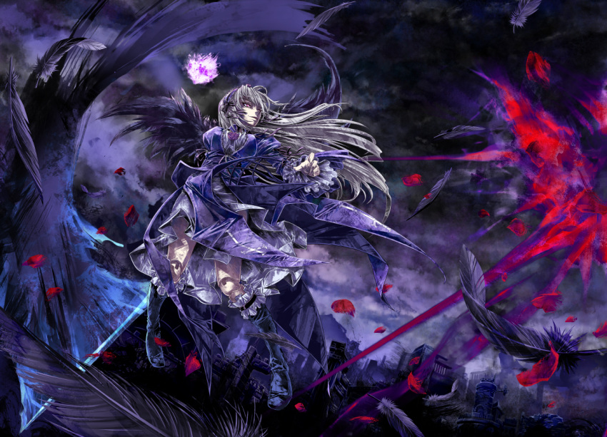 dark, feathers, long_hair, petals, purple_eyes, rozen_maiden, sasa_ichi, silver_hair