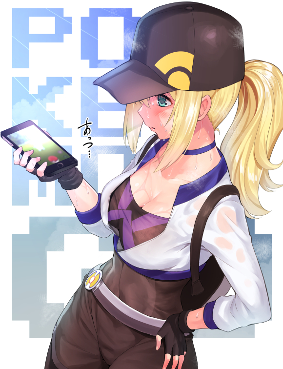 10s, 1girl, baseball_cap, blue_eyes, blush, breasts, cellphone, choker
