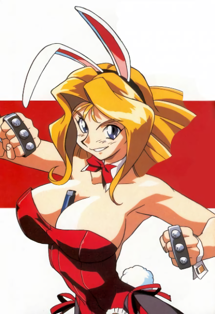 1girl, 90s, animal_ears, between_breasts, blonde_hair, blue_eyes, brass_knuckles, breasts, bunnysuit, cleavage, detached_collar, erilin_goldsmith, grin, large_breasts, official_art, pantyhose, rabbit_ears, short_hair, side-tie_leotard, smile, variable_geo, weapon