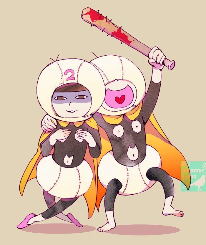 <o>_<o>, 2boys, baseball_bat, baseball_costume, brothers, brown_hair, cape, covering_nipples, heart, heart_in_mouth, legs_crossed, male_focus, matsuno_juushimatsu, matsuno_todomatsu, multiple_boys, nail, nail_bat, nippleless_clothes, osomatsu-kun, osomatsu-san, shaded_face, siblings, simple_background, smile, takamura_ono, tan_background, torn_clothes, twitter_username
