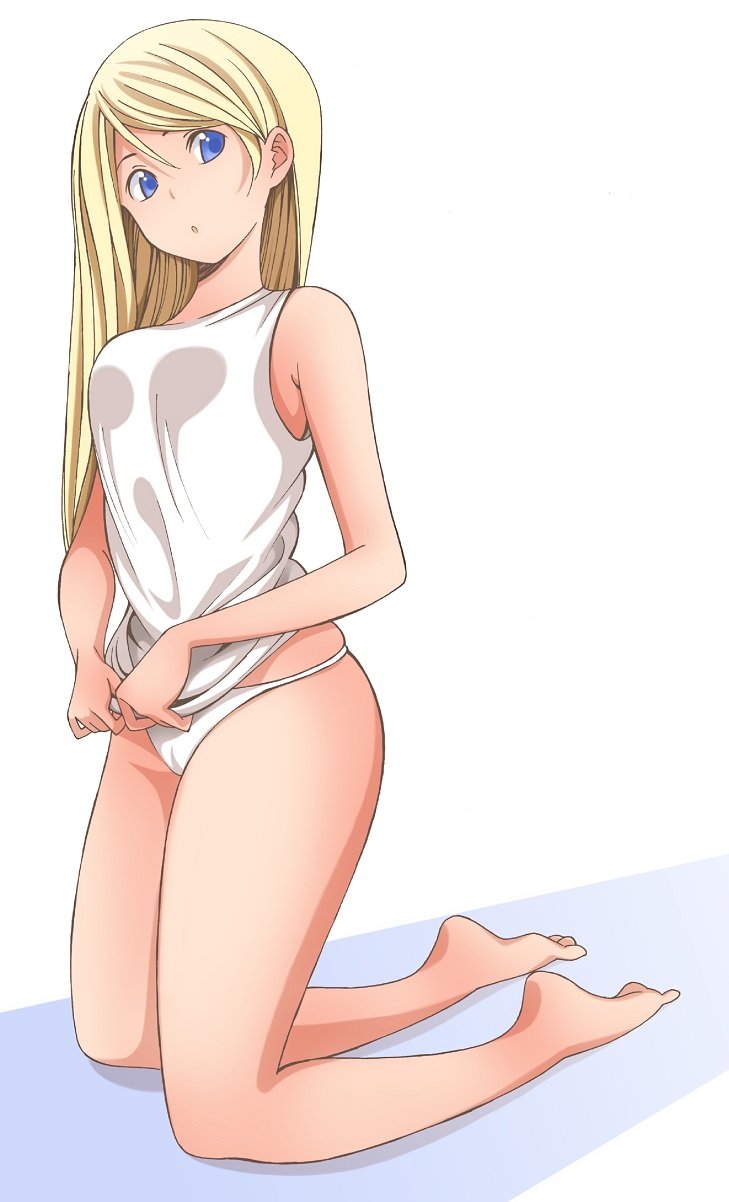 1girl, bangs, barefoot, blonde_hair, blue_eyes, breasts, full_body, hair_between_eyes