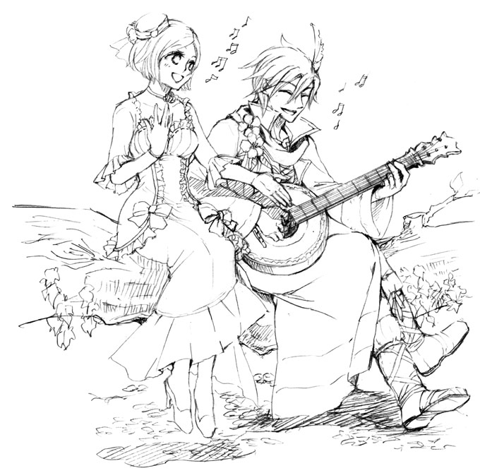1boy, 1girl, banjo, boots, bow, bracelet, choker, flower