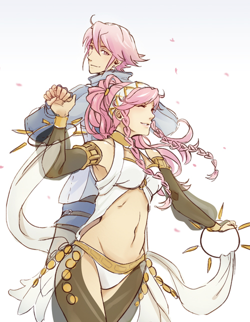 1boy, 1girl, armlet, armpits, azur_(fire_emblem), bare_shoulders, blue_gloves, braid