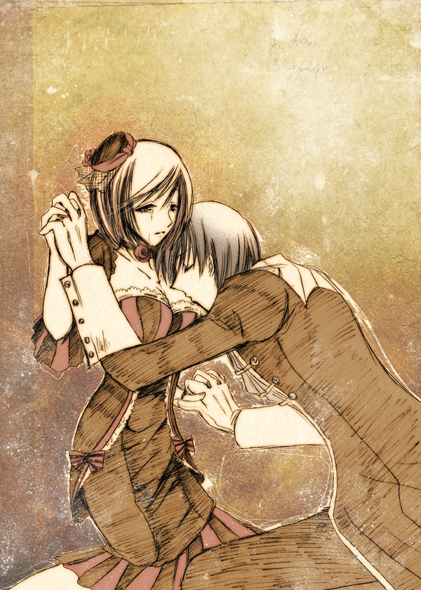 1boy, 1girl, arm_up, ascot, bow, breasts, choker, cleavage, closed_eyes, crying, fingernails, flower, formal, frills, hat, hat_rose, head_on_chest, hobble_dress, interlocked_fingers, kaito, kissing_breast, kneeling, large_breasts, lorelei_(module), meiko, microphone, mini_hat, monochrome, project_diva_(series), project_diva_extend, rose, ruffled_sleeves, sepia, shoes, short_hair, spot_color, striped, striped_bow, suit, vocaloid, yamato_(orange_rain)