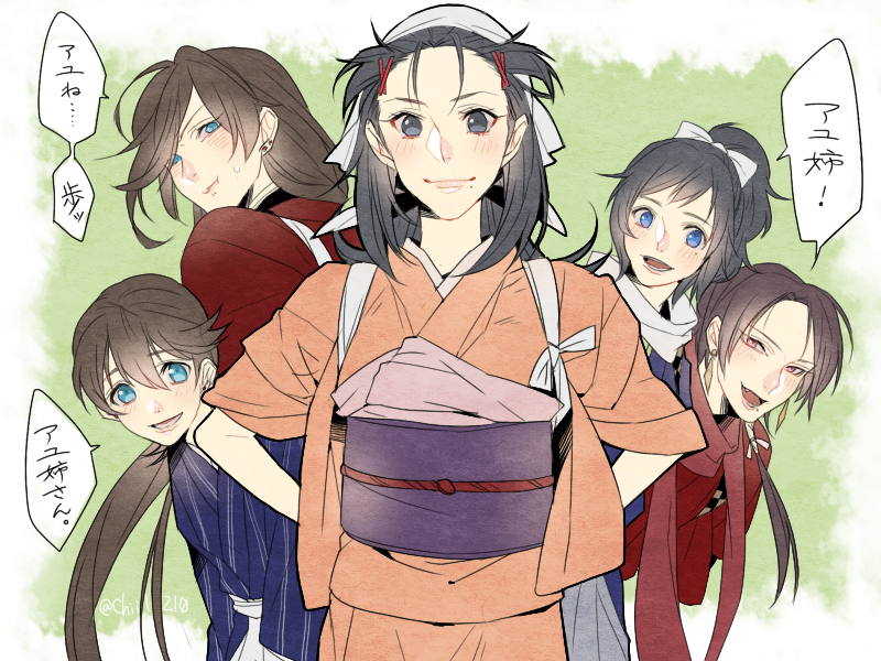 1girl, 4boys, black_hair, blush, brown_hair, casual, crossover, hair_ornament