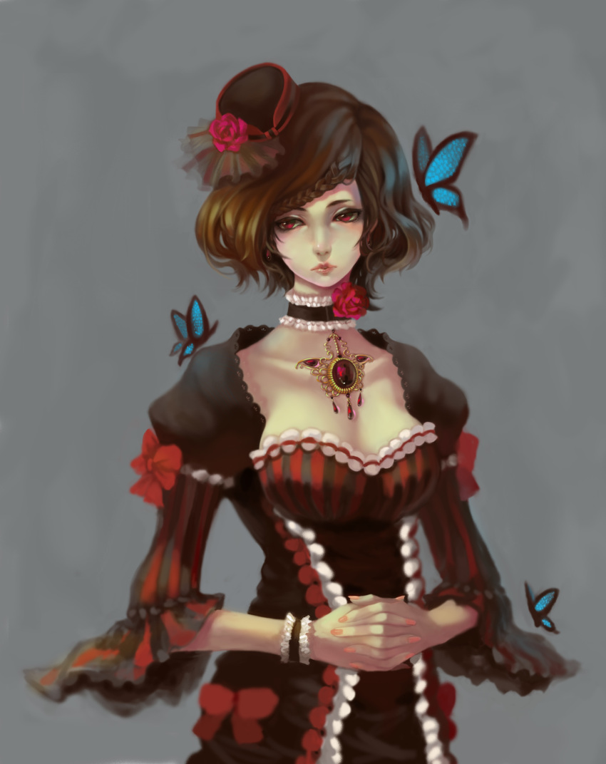 1girl, absurdres, blurry, bow, breasts, brooch, brown_hair, butterfly