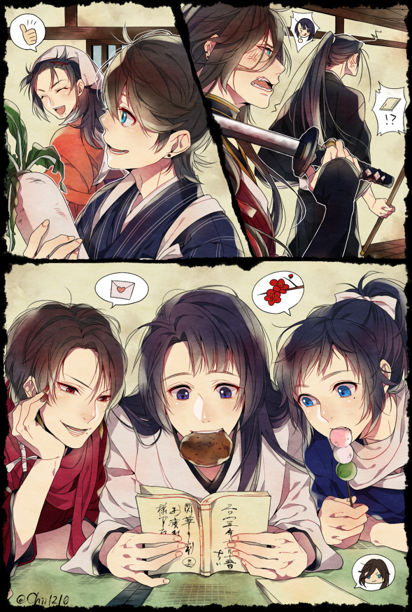 1girl, 6+boys, anger_vein, angry, blue_eyes, blush, crossover, daikon