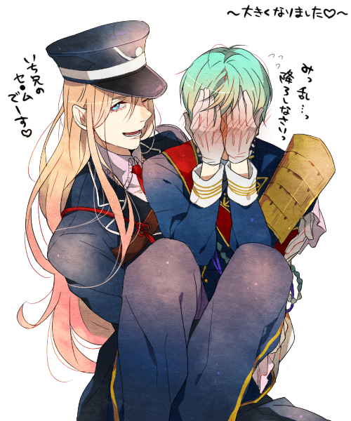 2boys, ;), aqua_hair, armor, blonde_hair, carrying, covering_face, crossdressinging