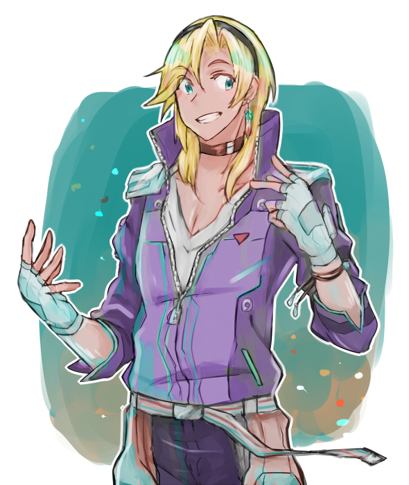 1boy, akimoto_(akimomomoto), blonde_hair, blue_eyes, choker, earrings, feather_earrings, fingerless_gloves, gloves, grin, hairband, jewelry, long_hair, male_focus, smile, solo, super_robot_wars, super_robot_wars_original_generation, super_robot_wars_the_lord_of_elemental, teal_karvey, upper_body