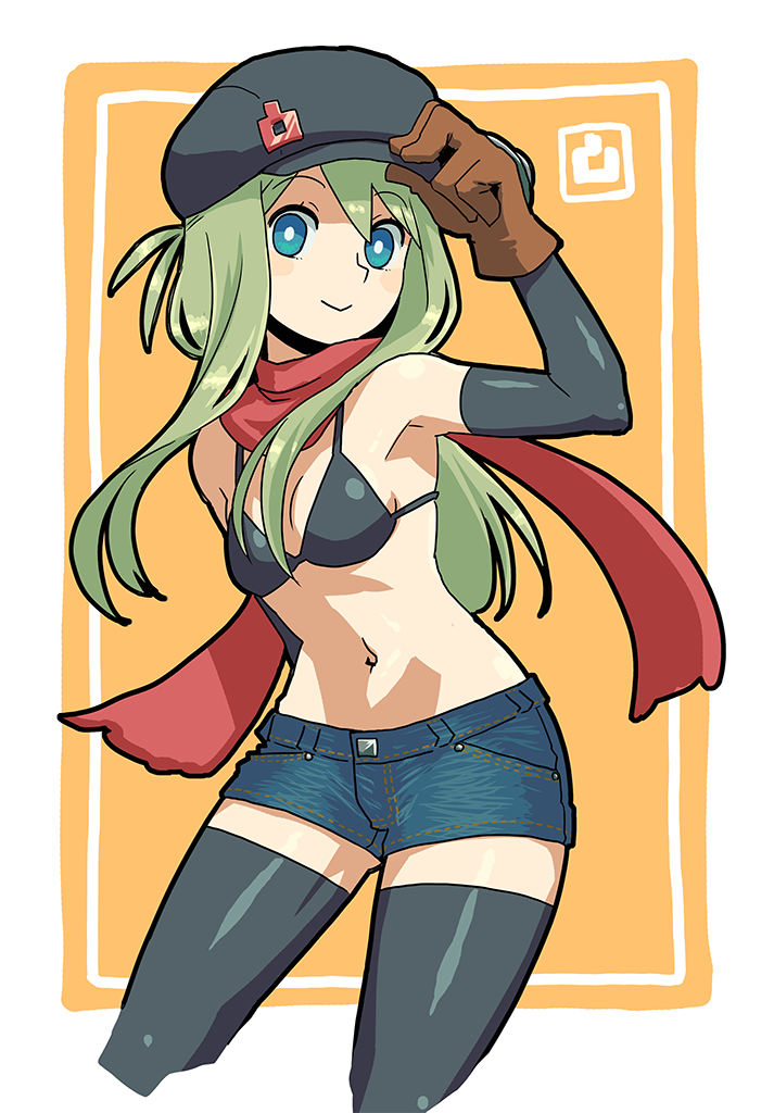 1girl, bikini_top, black_gloves, black_legwear, blue_eyes, blush, blush_stickers, cabbie_hat