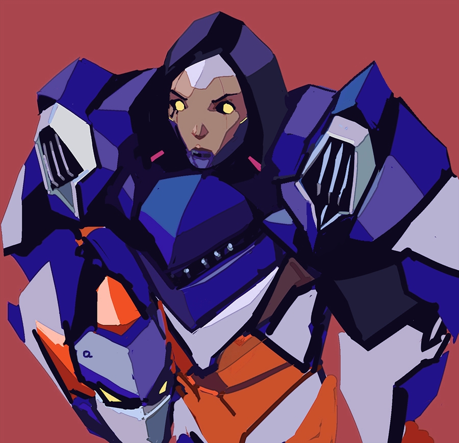 1girl, alternate_costume, cyborg, dark_skin, glowing, glowing_eyes, headwear_removed, helmet