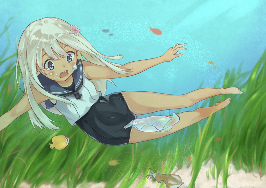 1girl, air_bubble, algae, bare_legs, barefoot, blonde_hair, blue_eyes, breath