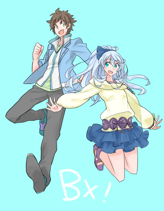 1boy, 1girl, :d, akimoto_(akimomomoto), aqua_background, aqua_eyes, brown_hair, full_body, jewelry, jumping, long_hair, messy_hair, open_mouth, outstretched_arms, pendant, ponytail, smile, super_robot_wars, super_robot_wars_bx, white_hair, yellow_eyes, youta_hiiragi, yuki_hiiragi