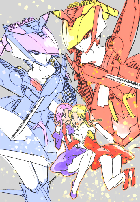 2girls, akimoto_(akimomomoto), blonde_hair, fairlion, grey_background, hands_together, latooni_subota, mecha