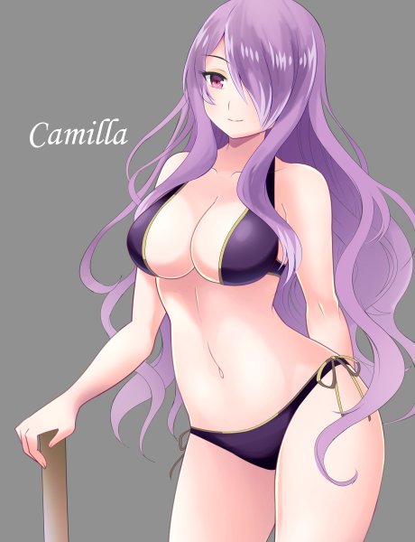 1girl, bikini, breasts, camilla_(fire_emblem_if), cleavage, fire_emblem, fire_emblem_if, hair_over_one_eye, large_breasts, long_hair, purple_hair, shira_yu_ki, side-tie_bikini, smile, solo, swimsuit, violet_eyes, wavy_hair