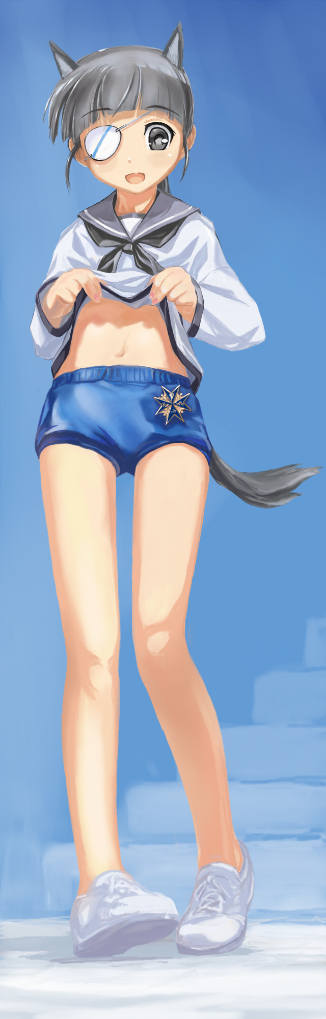 black_eyes, black_hair, buruma, eyepatch, hands, highres, legs, long_hair