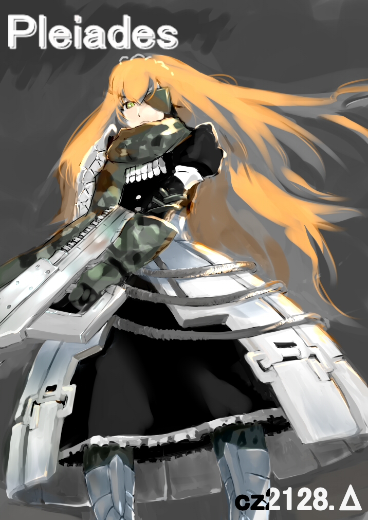 1girl, armor, armored_dress, cz2128_delta, eyepatch, frills, gloves, green_eyes