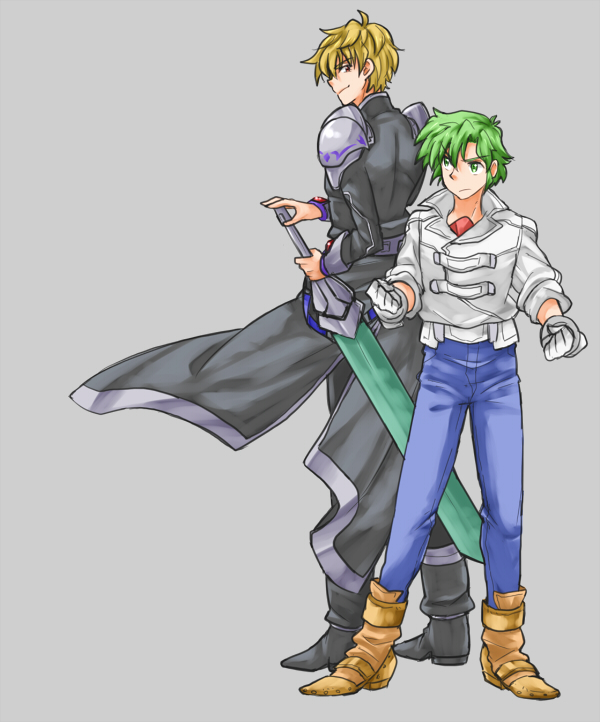 2boys, akimoto_(akimomomoto), blonde_hair, elan_zenosakis, full_body, gloves, green_eyes, green_hair, grey_background, height_difference, jacket, masaki_andoh, multiple_boys, pauldrons, super_robot_wars, super_robot_wars_the_lord_of_elemental, sword, weapon