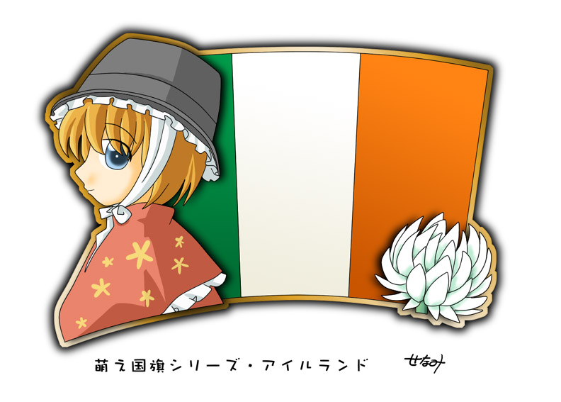 1girl, blonde_hair, blue_eyes, flag, hat, ireland, irish_flag, murakami_senami