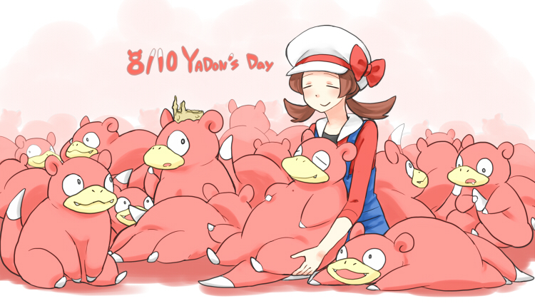 00s, 1girl, akimoto_(akimomomoto), beret, bow, brown_hair, closed_eyes, commentary_request, hat, hat_bow, king's_rock, kotone_(pokemon), pokemon, pokemon_(creature), pokemon_(game), pokemon_hgss, slowpoke, twintails