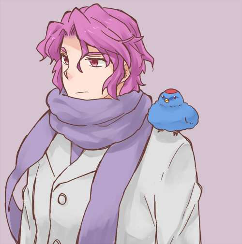 1boy, akimoto_(akimomomoto), animal, animal_on_shoulder, bird, bird_on_shoulder, chika_(srw), purple_background, purple_hair, scarf, shuu_shirakawa, super_robot_wars, super_robot_wars_the_lord_of_elemental, upper_body, violet_eyes