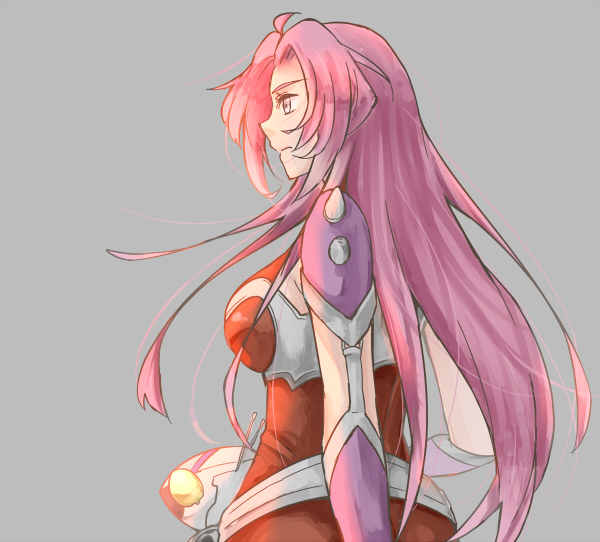 1girl, akimoto_(akimomomoto), elma, grey_background, long_hair, looking_away, pink_eyes, pink_hair
