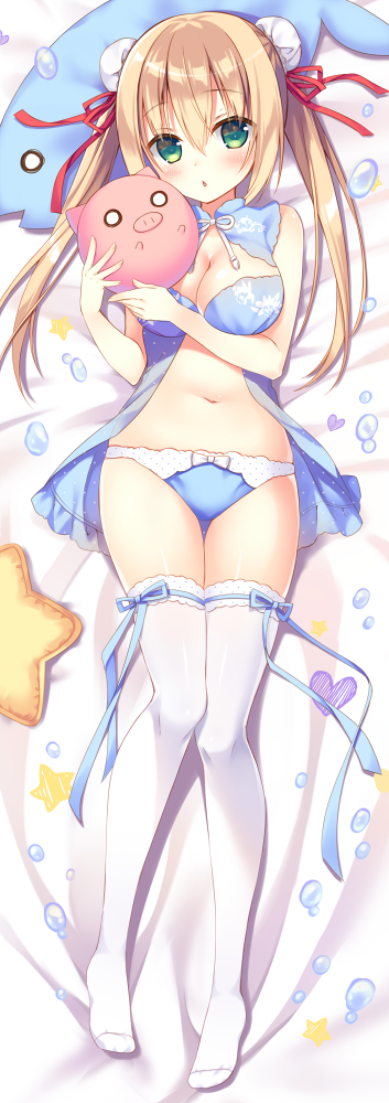 1girl, babydoll, bare_shoulders, blonde_hair, blue_panties, blush, bow, bow_panties